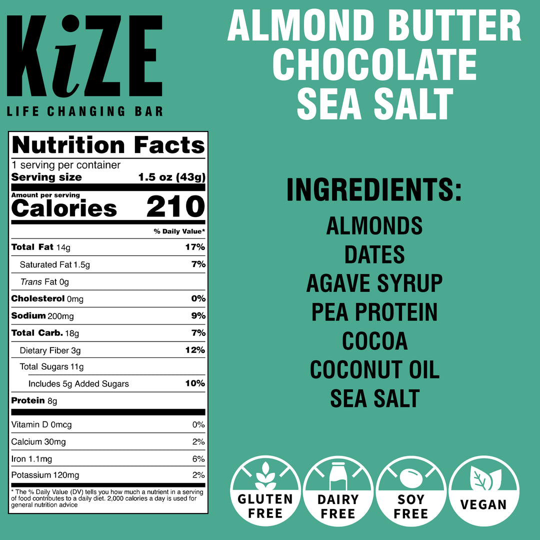 Kize almond butter chocolate sea salt nutrition bar ingredients and dietary labels.