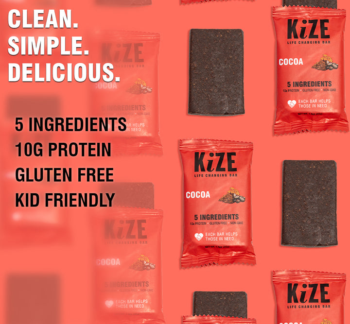 Kize Cocoa energy bars, clean simple delicious, 5 ingredients, 10g protein, gluten free, kid friendly