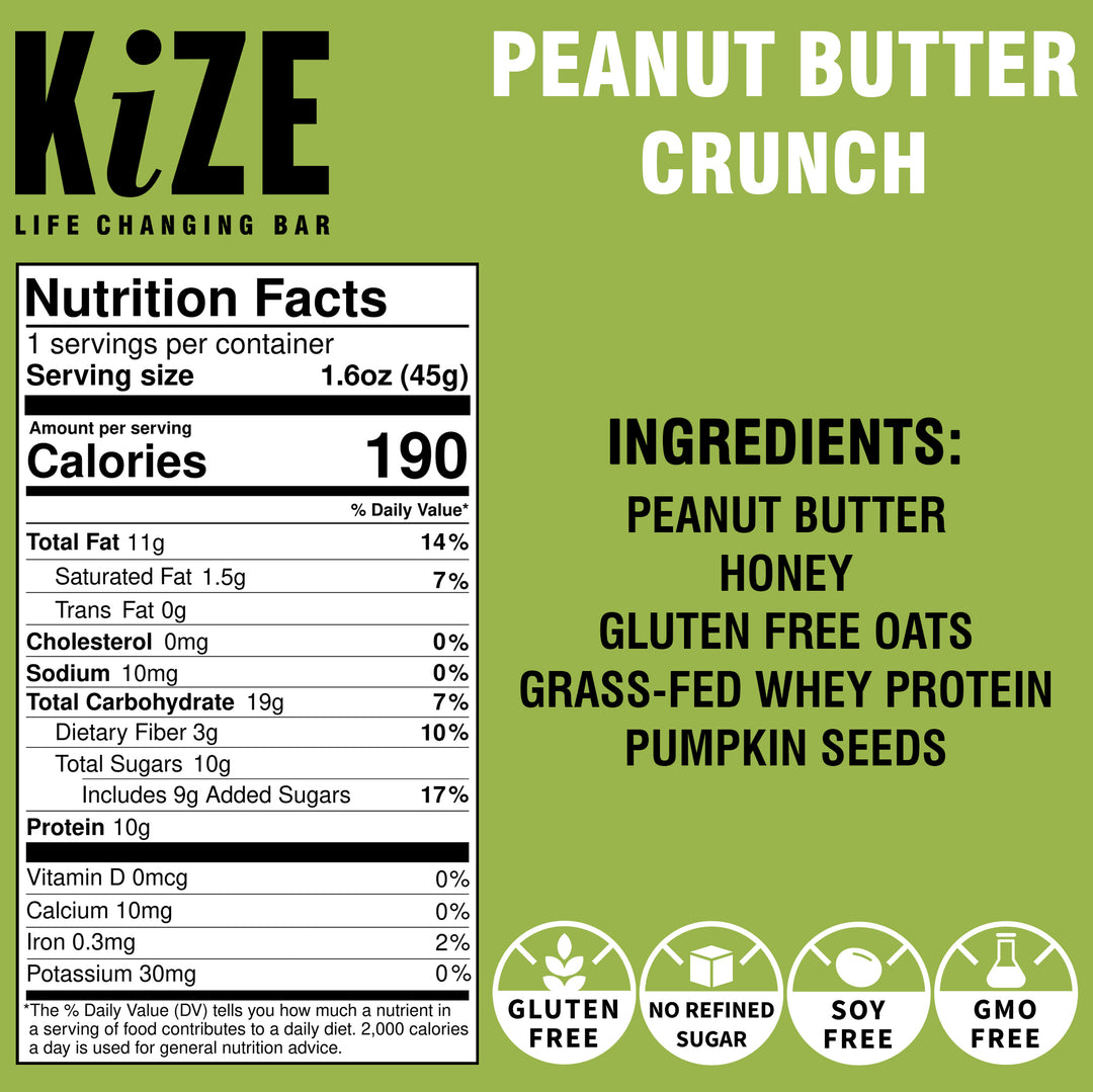 Peanut Butter Crunch with Pumpkin Seeds Kize Protein Bar Back with Nutrition Facts