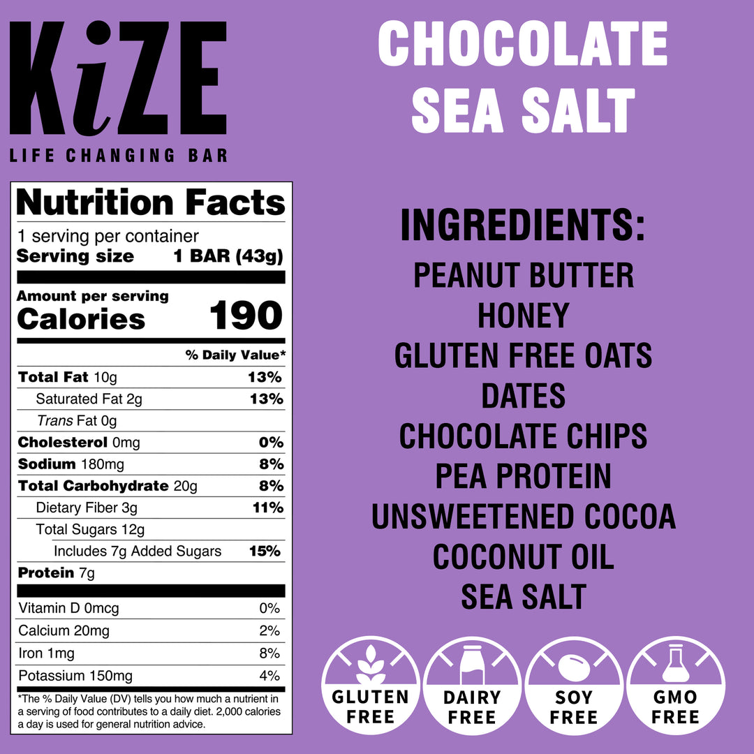 Kize Chocolate Sea Salt nutrition bar, gluten-free, dairy-free, soy-free, GMO-free with ingredients and nutritional facts.