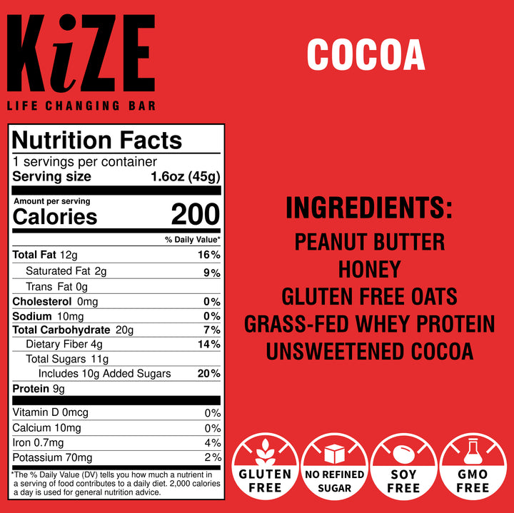 Back of Kize Cocoa Protein Bar Package
