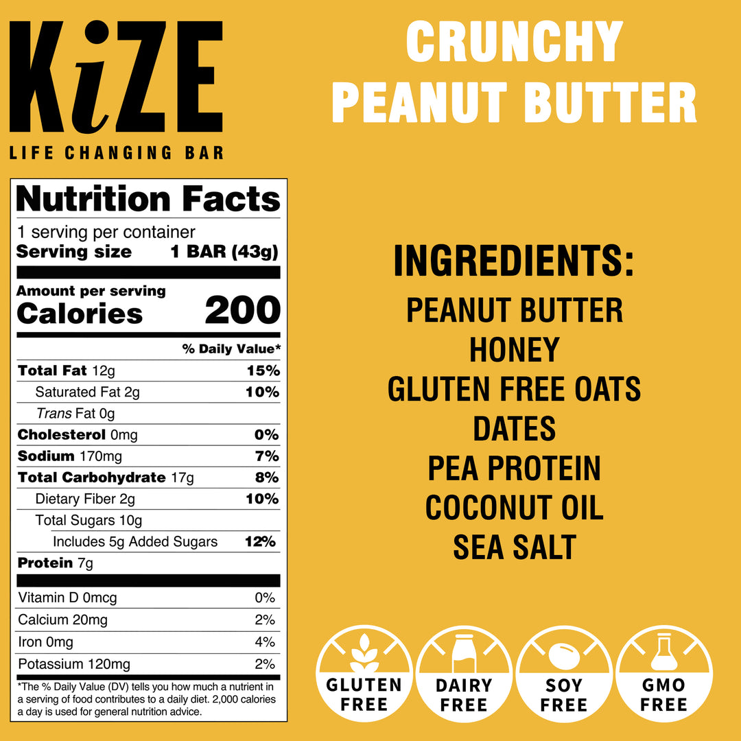 Kize Life Changing Bar nutrition facts and ingredients list, Crunchy Peanut Butter flavor, gluten free oats, honey, pea protein, coconut oil, sea salt, gluten-free, dairy-free, soy-free, GMO-free.