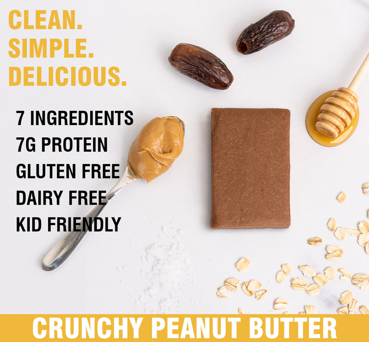 Gluten-free dairy-free peanut butter energy bar with ingredients and honey drizzler.