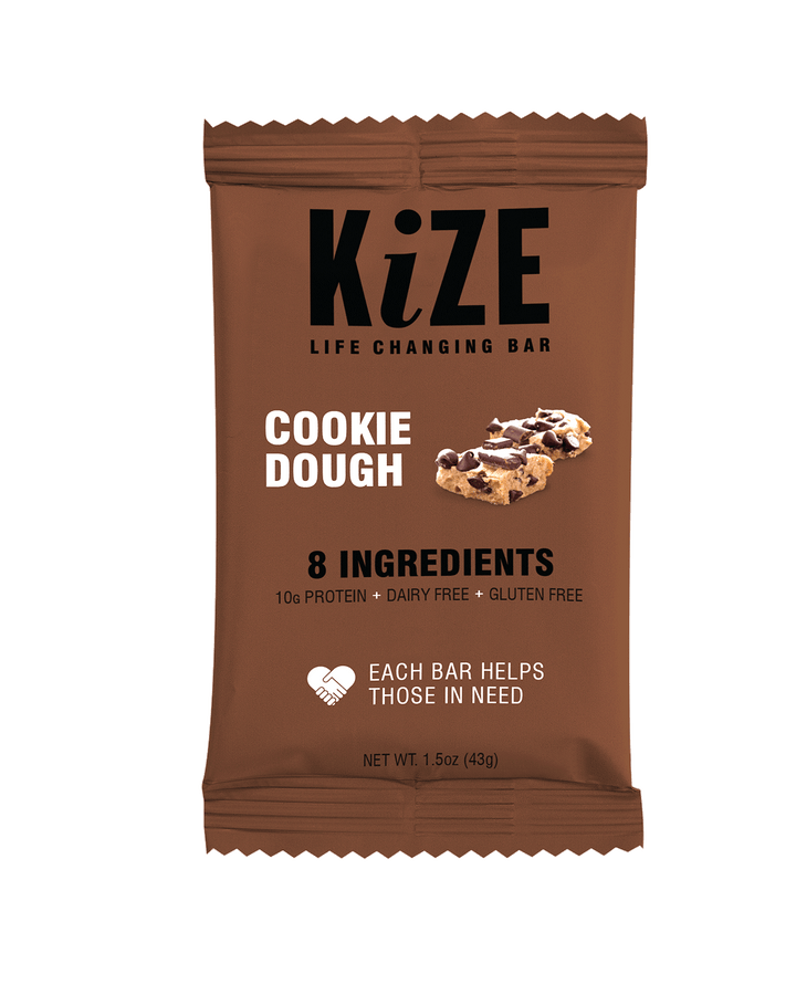 Kize Cookie Dough protein bar packaging, dairy free, gluten free, charitable contribution