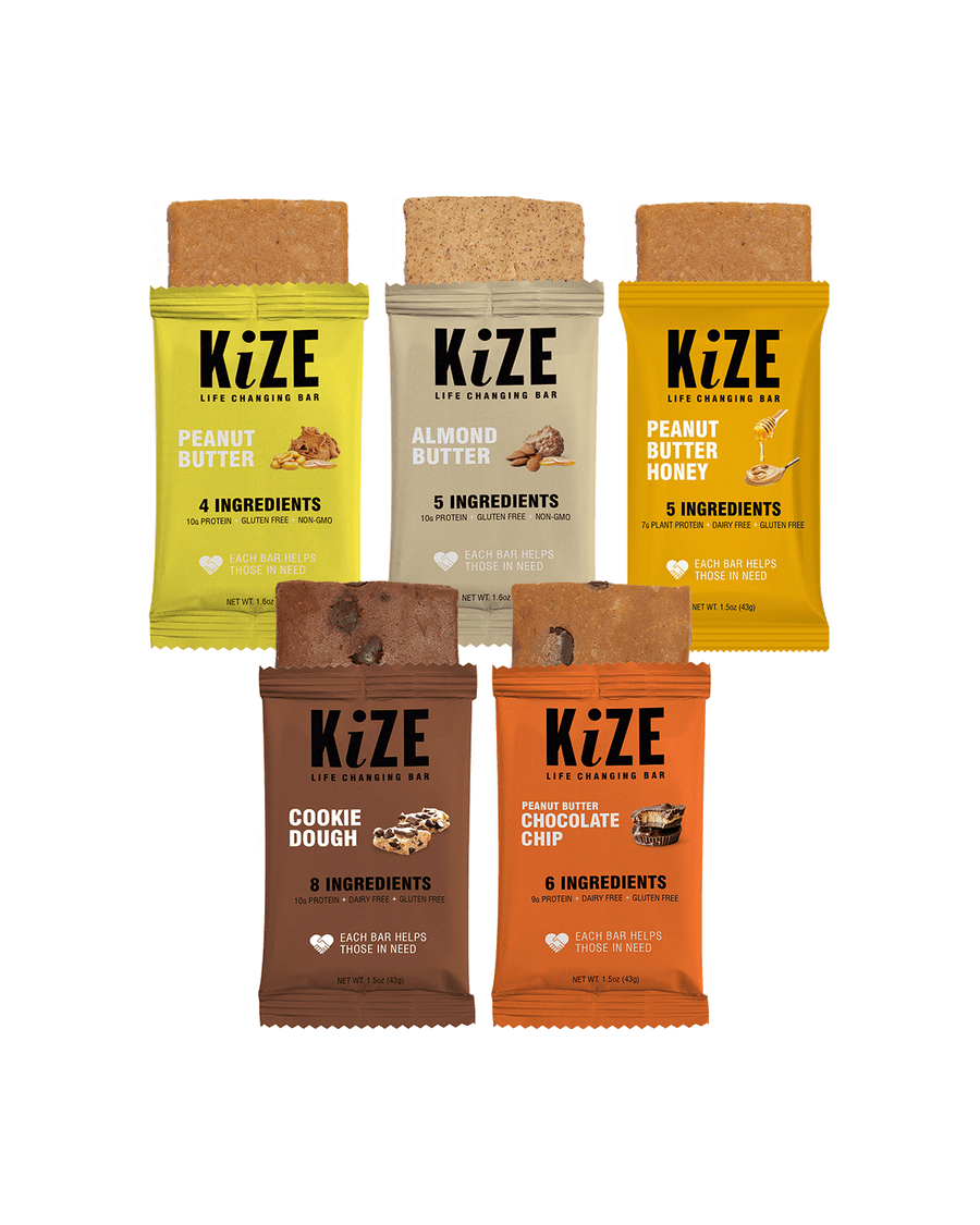 Kize life changing protein bars in various flavors peanut butter, almond butter, peanut butter honey, cookie dough, chocolate chip