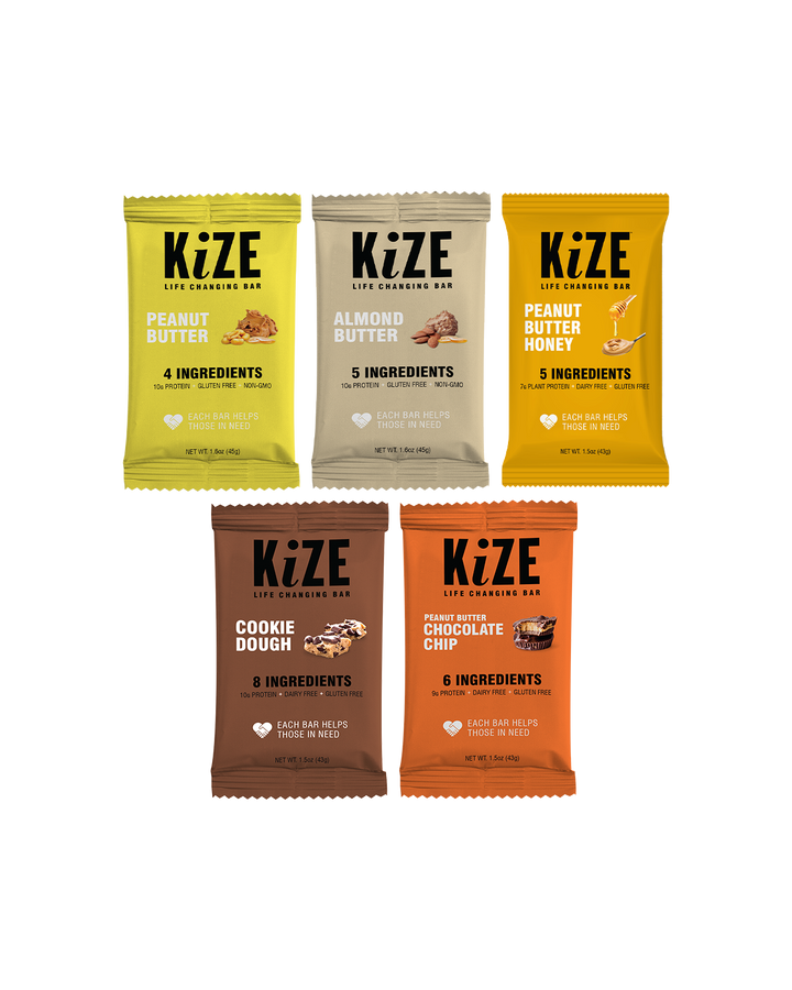 Kize Protein Bars in Package: Peanut Butter, Almond Butter, Peanut Butter Honey, Cookie Dough, and Peanut Butter Chocolate Chip