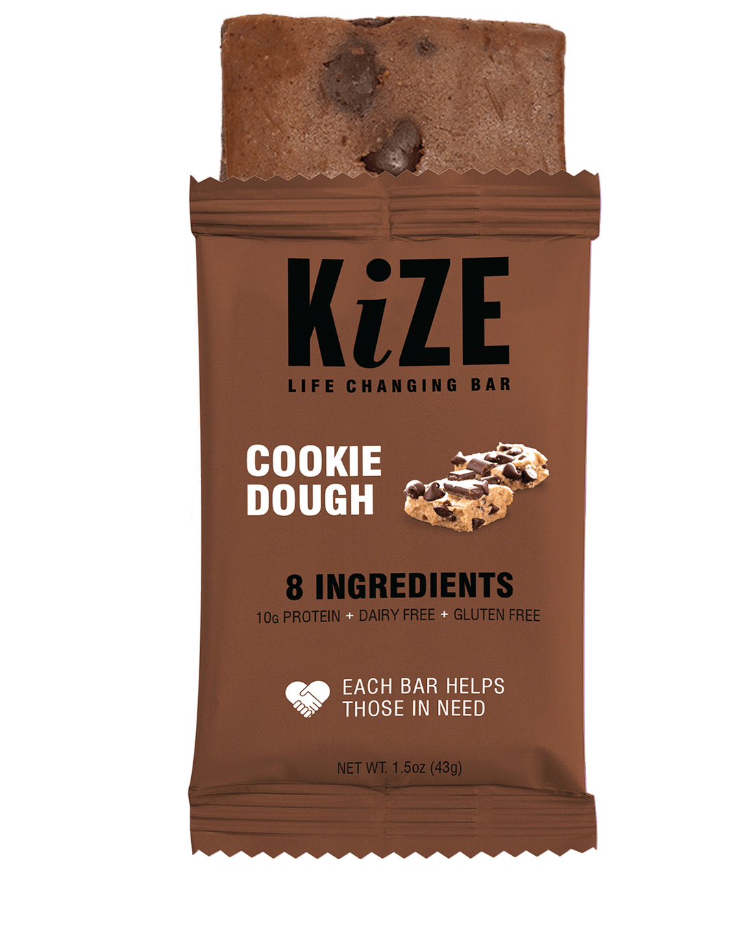 Kize cookie dough protein bar dairy free gluten free packaging.