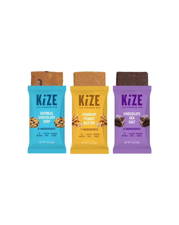 Kize life changing bars in three flavors: Oatmeal Chocolate Chip, Crunchy Peanut Butter, Chocolate Sea Salt