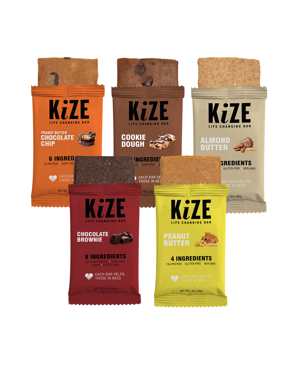 Peanut Butter Chocolate Chip, Chocolate Brownie, Chocolate Brownie, Peanut Butter, Almond Butter and Cookie Dough Kize Bars 