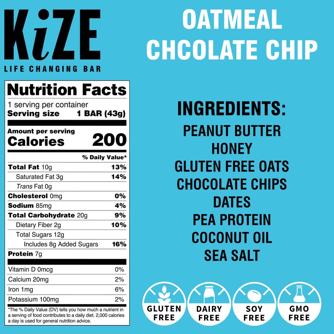 Nutrition label and ingredients list for KiZE Oatmeal Chocolate Chip Life Changing Bar indicating gluten free, dairy free, soy free, GMO free.