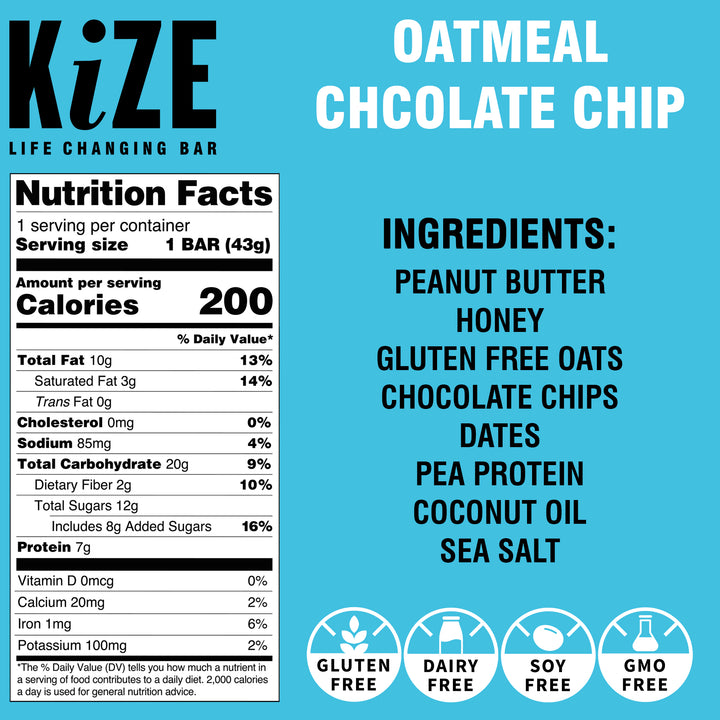 Nutrition label and ingredients list for KiZE Oatmeal Chocolate Chip Life Changing Bar indicating gluten free, dairy free, soy free, GMO free.