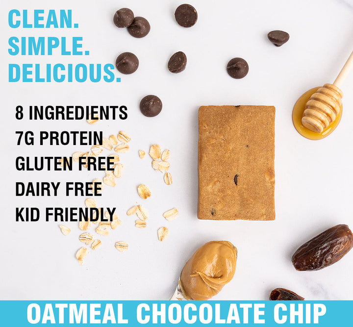 Oatmeal chocolate chip protein bar, gluten free, dairy free, honey drizzle, clean ingredients advertisement.