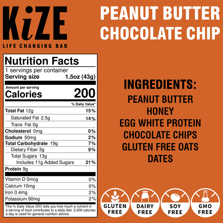 Peanut Butter Chocolate Chip Kize Protein Bar Package Back with Nutritional Facts