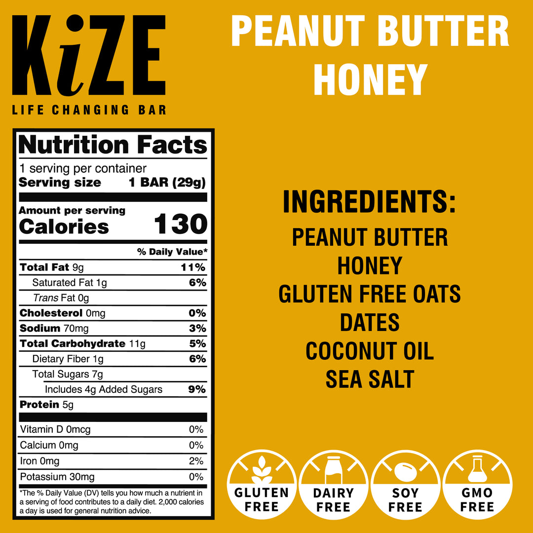 Kize life changing bar peanut butter honey nutrition facts ingredients gluten free dairy soy GMO free