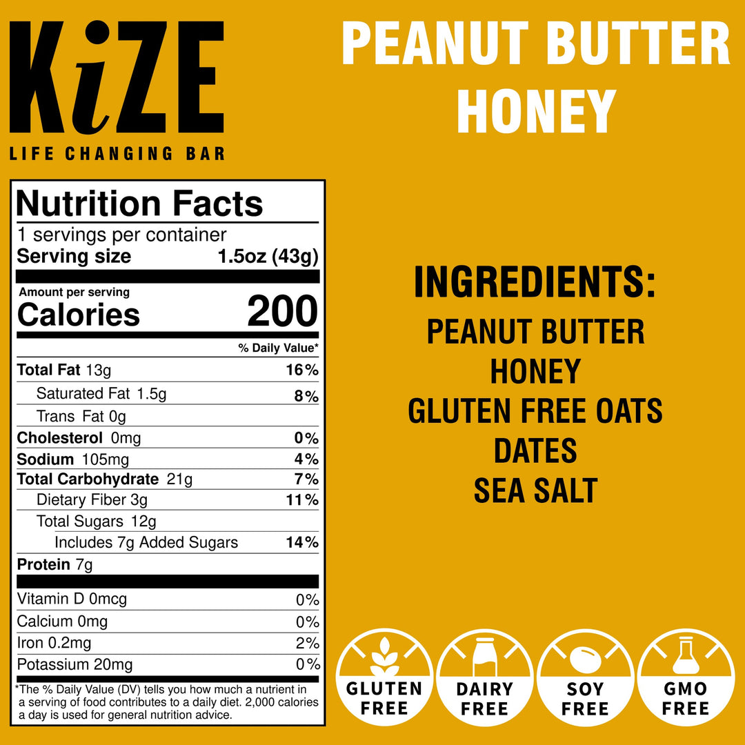 Peanut Butter Honey Kize Protein Bar Package Backview with Nutrition Facts