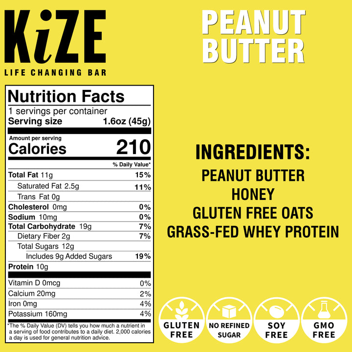 Peanut Butter Kize Protein Bar Package Back with Nutrition Facts