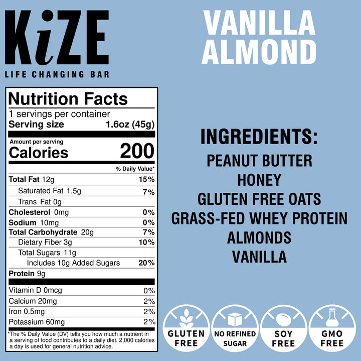 Vanilla Almond Kize Protein Bar Package Backview with Nutrition Facts